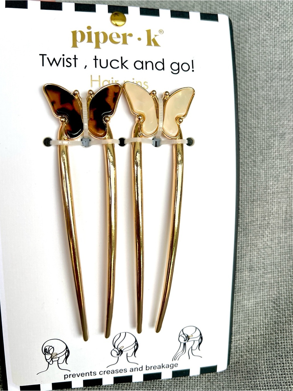 Piper K Butterflies Metal Hair Pin set of 2 leopard cream opal  gold